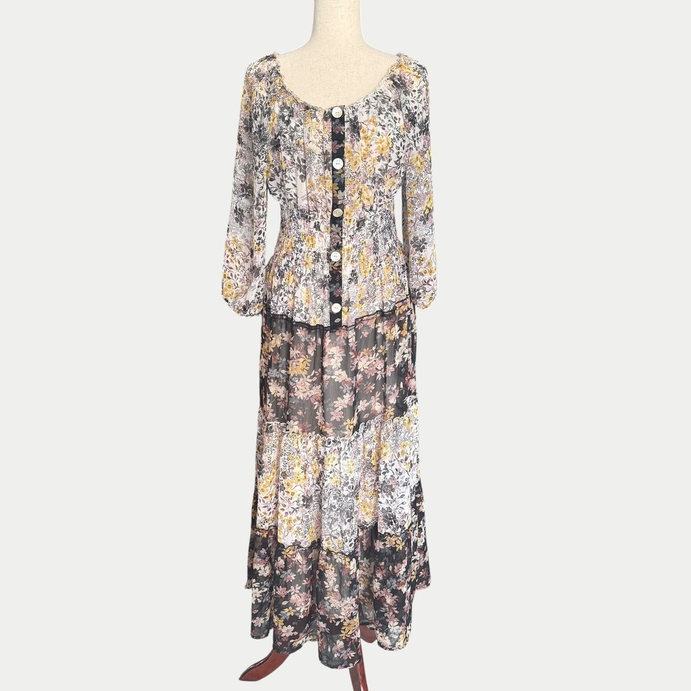 Boho‎ Figueroa & Flower Anthropologie Floral Smocked Tiered Maxi M Whimsigoth
